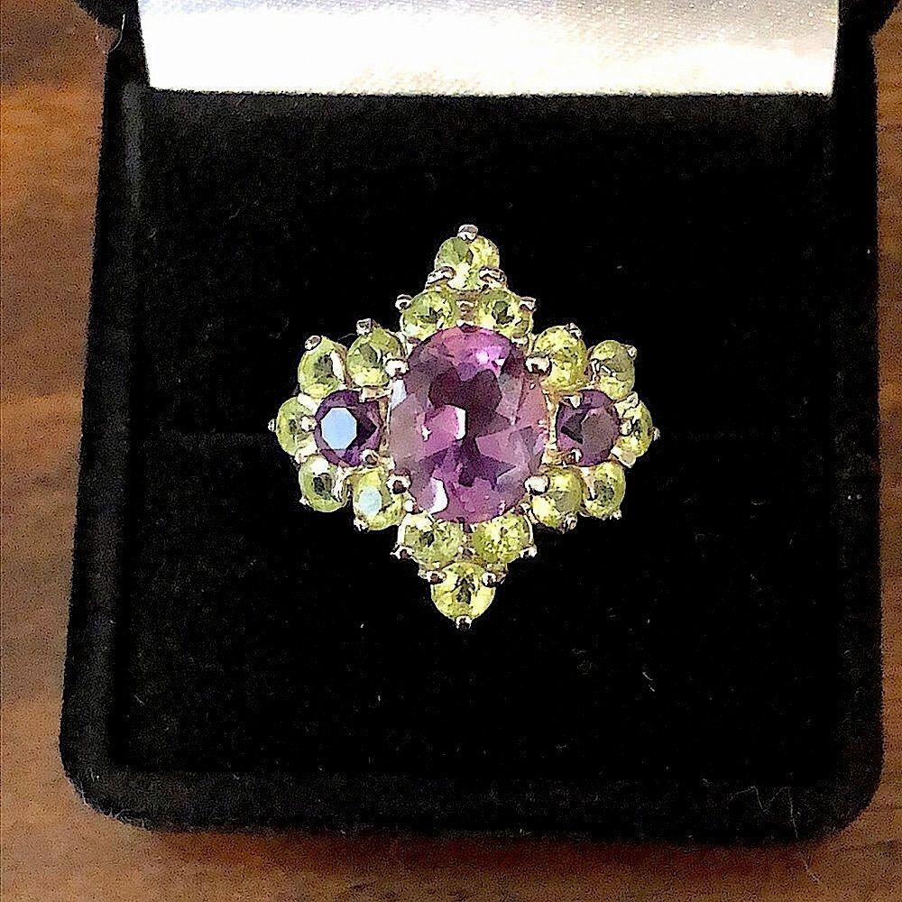 VINTAGE Amethyst Peridot Sterling Silver Cocktail Ring Sz 6•2/3